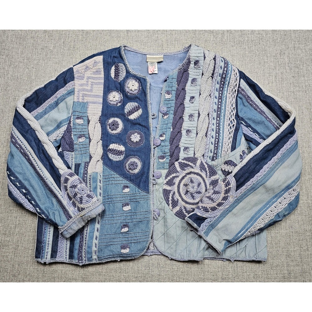Coldwater Creek Jacket Womens XL Blue Patchwork Crochet Boho Quilted Artsy